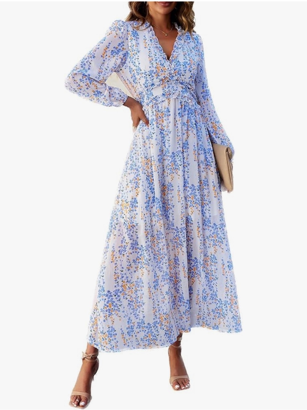 Floral Tiered Long Sleeve Midi Dress in Blue and Cream